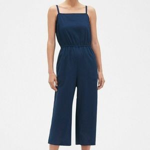 GAP Linen Blend Square Neck Jumpsuit Utility Crop Wide Leg Blue Size Large